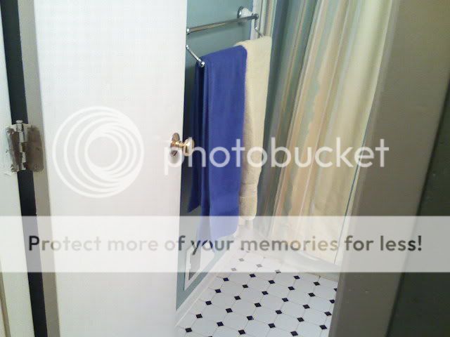 view from hall, Gatco Franciscan double towel bar, JCP towels and shower curtain